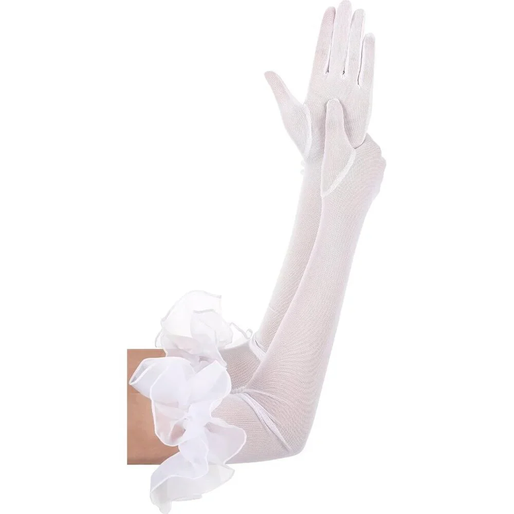 Women's Long Ivory Ruffle Puff Cuff Sleeve Mesh Gloves Wedding Party Costume